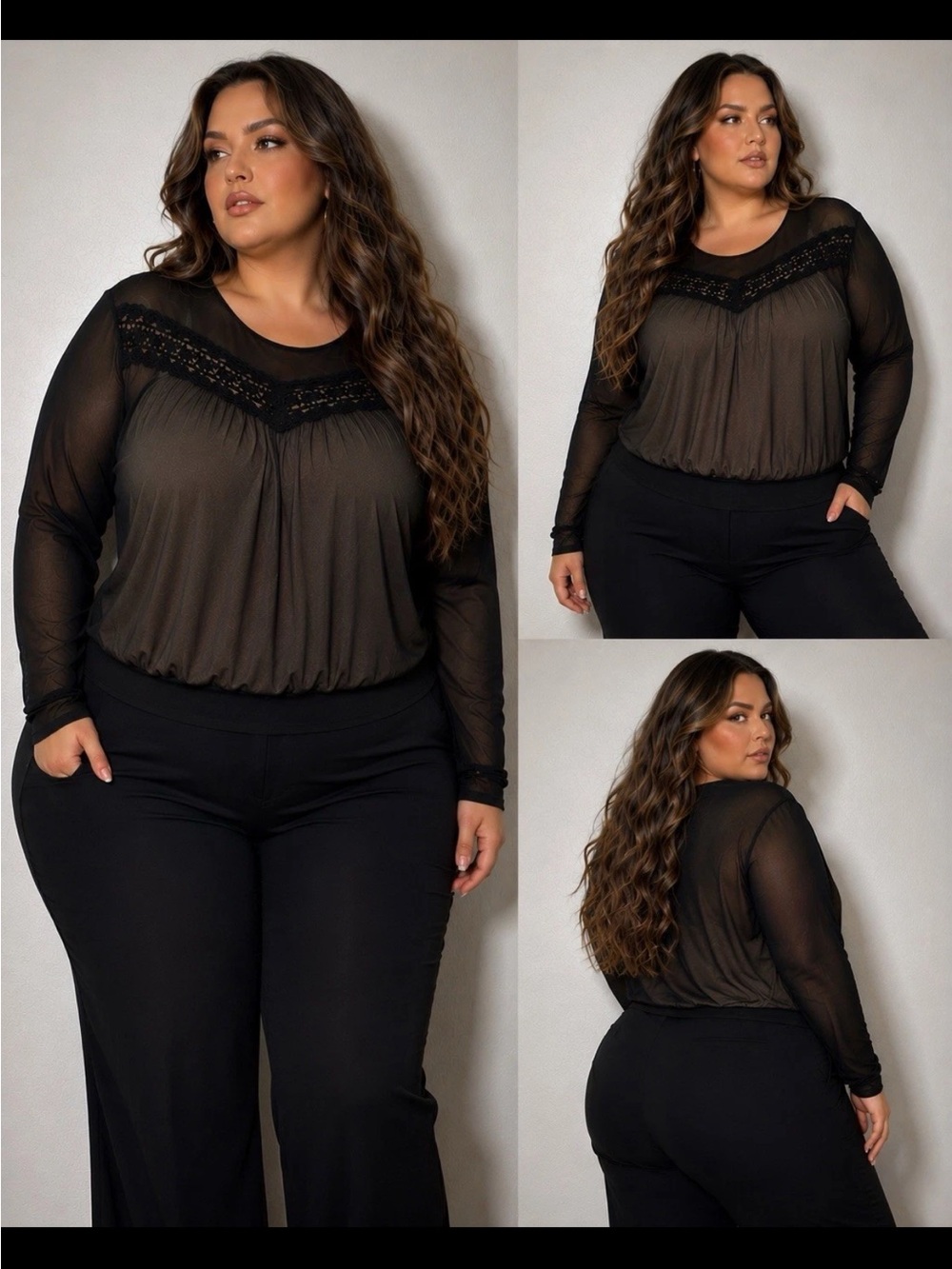 Plus Size Black Long-Sleeve Mesh Top with Lace Yoke